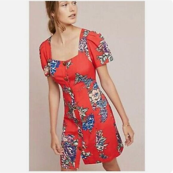 Maeve Dresses & Skirts - Maeve Caldwell Button Down Anthro Red Floral Dress